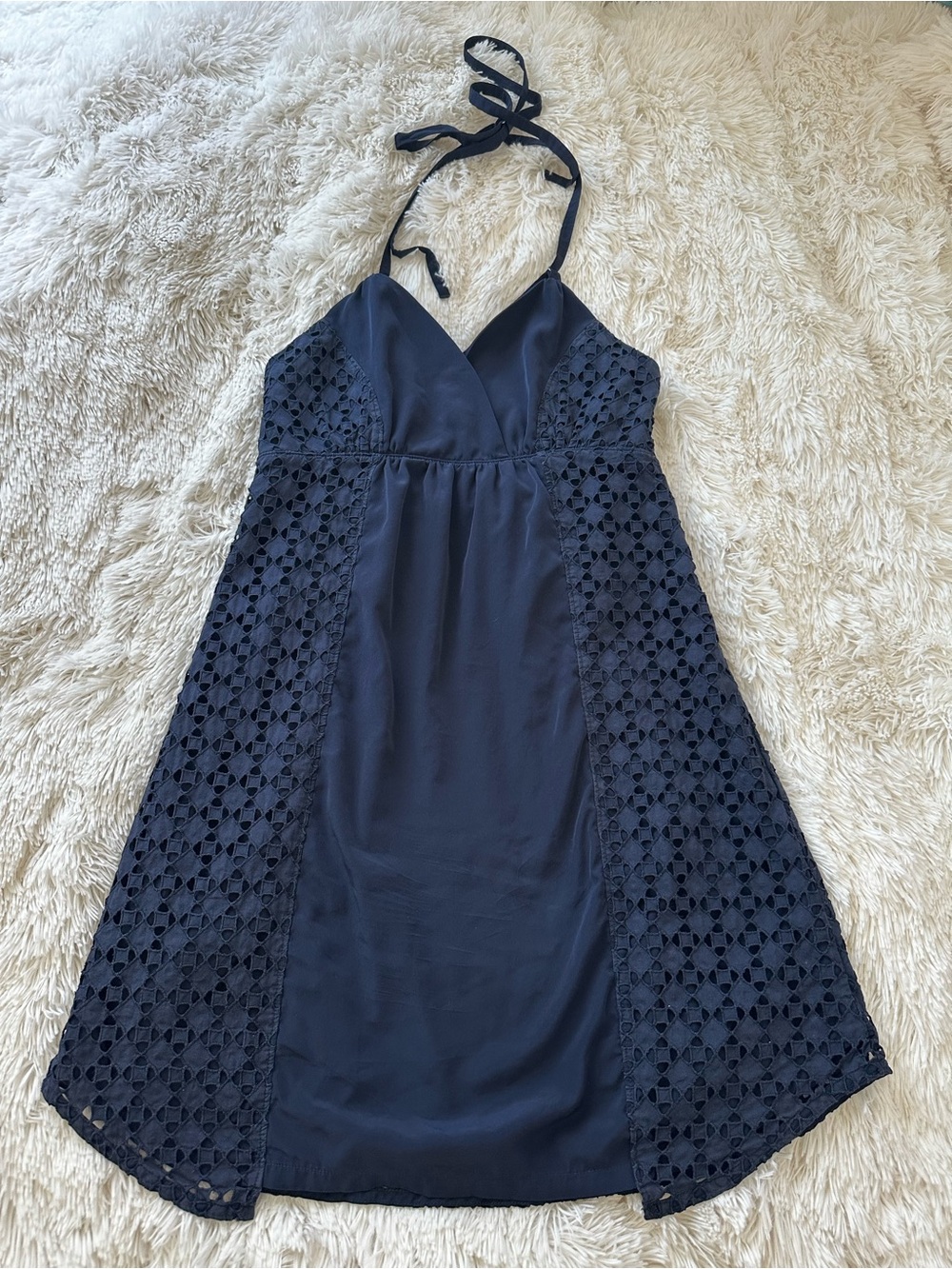 Athleta Marbella Eyelet Dress Navy Blue Halter Travel Resort Dress Size: Medium